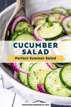 cucumber salad in a white bowl with text overlay