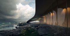 an artistic rendering of a building on the shore with waves crashing in front of it