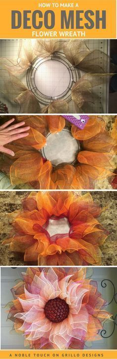 the cover of how to make a deco mesh flower wreath, with instructions for making it