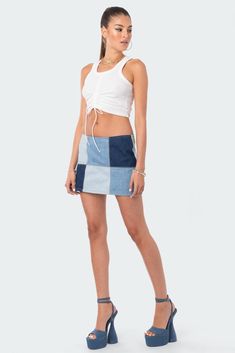 Patchwork Low Rise Denim Skirt Low Rise Denim Skirt, Flame Socks, Dress Reference, Denim Party, Date Night Looks, Summer Outfits 2022, Cute Looks, Outfit Looks, Ribbed Tank Top