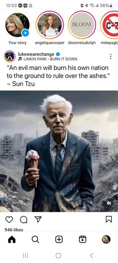 an old man in a suit and tie holding a cupcake with the caption that reads, i am evil man will burn his own nation to run over the ashes