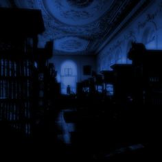 a dark room filled with lots of books