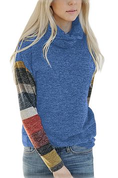 Color Blocked Long Sleeve Blue Cowl Neck Sweatshirt Casual Light Blue Patchwork Tops, Long Sleeve Color Block Tops For Layering, Blue Patchwork Casual Sweater, Casual Blue Patchwork Sweater, Color Block Tops For Fall Layering, Casual Multicolor Tops With Striped Sleeves, Blue Patchwork Hooded Sweatshirt, Hooded Color Block Cotton Top, Blue Patchwork Sweater For Fall