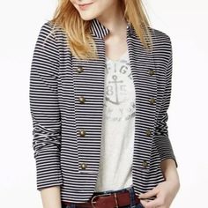 Tommy Hilfiger Striped Sailor Open Front, Side Pockets Blazer. Size-M Color-Navy/White Brand New With Tag. Tommy Hilfiger Vintage, Lightweight Blazer, Navy Blue Blazer, Tommy Hilfiger Jackets, Denim Blazer, Cotton Blazer, Tommy Hilfiger Jeans, Striped Jacket, Striped Blazer