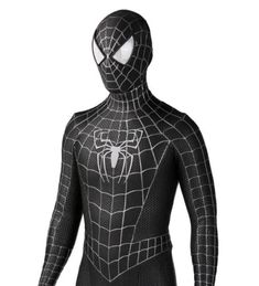 a man in a black spider suit with white web on the chest and hands behind his back