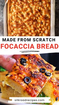 two pictures with different types of food in them and the words made from scratch focaccia bread