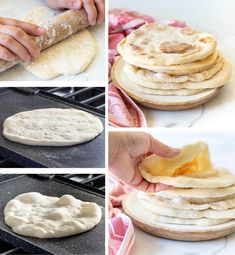 four pictures showing how to make flatbreads in the oven and then place them on top of an uncooked tortilla