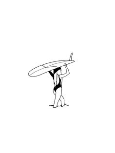 a black and white drawing of a person carrying a surfboard on their back legs