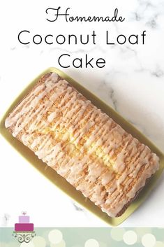 homemade coconut loaf cake on a green plate