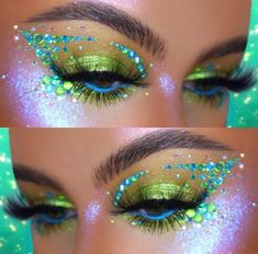 Eye makeup/ eye shadow looks/ green Edm Festival Makeup, Brow Freeze, Vibrant Makeup, Escape Pod, Loose Setting Powder, Lashes Mascara