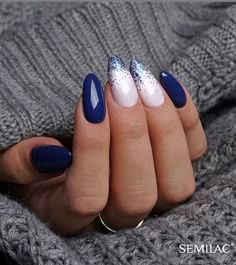 Nails Design For Spring, Short Acrylic Almond, Acrylic Almond Nails, Navy Blue Nails, Spring Nail Colors, Almond Nails Designs, Almond Acrylic Nails, Blue Nail, Short Acrylic