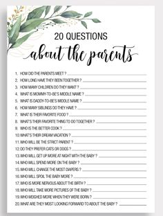 the 20 questions about the parents game is shown in black and white with flowers on it