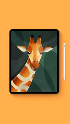 a giraffe's head is shown on an ipad with a pen next to it