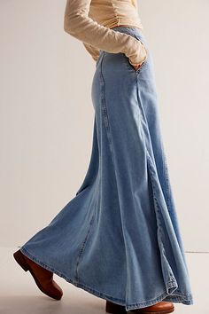 We The Free Catch The Sun Denim Maxi Skirt Maxi Jean Skirt, Satin Ballet Flats, Maxi Skirt Style, Denim Skirt Outfits, Long Denim Skirt, Maxi Skirt Outfits, Denim Maxi, Free People Skirt, Denim Maxi Skirt