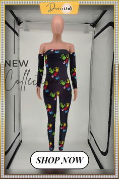 Sexy Print Off-shoulder Long Sleeve Mid-waist Bodycon Jumpsuit Bodycon Jumpsuit, 1 Million, Off Shoulder, Jumpsuit, Long Sleeve