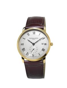 This Frederique Constant Mens Ultra Slim with a second date feature on dial is the epitome of class. Featuring a White face, Gold Plated case, and Roman Numerals, this watch is simple and sleek. A Brown leather strap finishes off this casual look. Classic Chronometer Watch For Formal Occasions, Classic Formal Watch With Chronometer, Classic Formal Watches With Chronometer, Classic Business Watch Accessories With Metal Dial, Classic Analog Watches, Elegant Watches With Date Display And Round Dial, Elegant Watch Accessories With Date Display And Round Dial, Elegant Watch Accessories With Date Display, Classic Chronometer Watch With Round Dial