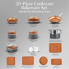 the 20 piece cookware set is shown with all cooking tasks and their corresponding items