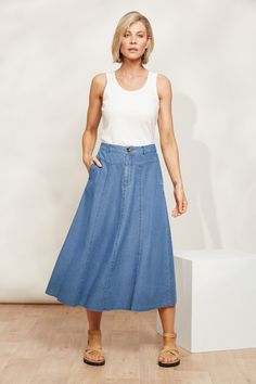 Playa Midi Skirt - Denim - eb&ive Clothing - Denim Skirt Mid Linen Bottoms, Unique Fits, Simply Chic, Denim Blouse, Weekend Brunch, Mid Dresses, Mid Length Dresses, Skirt Leggings, Linen Dresses