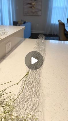 a white counter top with a plant on it and a video player in the background