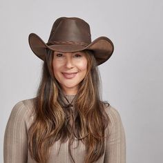 Hollywood | Womens Leather Cowgirl Hat Casual Leather Fedora For Rodeo, Leather Hat Bands For Ranch In Fall, Brown Leather Fedora For Rodeo, Rustic Leather Fedora For Rodeo, Rugged Leather Hats For Ranch, Brown Fedora For Ranch, Brown Braided Hat For Rodeo, Leather Hats For Fall Country Events, Adjustable Leather Hats For Ranch