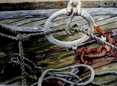 an oil painting of ropes and chains on a wooden deck