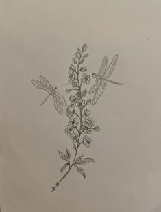 a drawing of flowers and dragonflies on paper