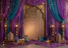 Golden Palace Arabian Purple Backdrop - Gatsby Backdrop Arabian Night Decor Themed Weddings, Punjabi Theme Party Decor, Diwali Party Backdrop Ideas, Arabian Night Decoration, Arabian Nights Decor, Arabic Decoration Arabian Decor, Indian Backdrop Ideas, Arabian Nights Prom Theme, Aladdin Backdrop