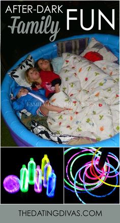 two children laying in a bed with glow sticks on it and the words after dark family fun