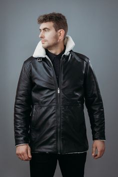 SIMTHE Men Fur Lined Aviator Leather Jacket by PEROYE - Etsy Business Leather Jacket For Winter, Leather Winter Outerwear With Fleece Lining, Winter Leather Outerwear With Fleece Lining, Winter Business Leather Jacket With Padded Collar, Winter Leather Jacket With Zipper For Business, Winter Business Leather Jacket With Zipper, Winter Business Leather Jacket With Zipper Closure, Black Leather Jacket With Fleece Lining, Black Aviator Jacket