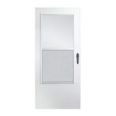 a white door with a blind on the side