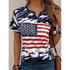 Season:Summer; Sleeve Length:Short Sleeve; Gender:Women's; Style:Stylish; Elasticity:Micro-elastic; Tops Type:T Shirt; Occasion:Daily,Independence Day; Top Length:Regular Tops; Pattern:Independence Day,USA,Flag; Neckline:Crew Neck; Brand:Shall We; Front page:FF; Listing Date:04/19/2024; Bust:null; Length:null; Sleeve:null; Fit US Size:null; Fit UK Size:null; Fit EU Size:null Embroidered Tank Top, Patriotic Outfit, Korean Fashion Casual, Casual Summer Tops, Korean Casual, Navy Blue Shorts, American Flag Shirt, Weekend Style, Fashion Mode