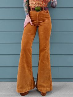 Orange Flared Pants, Brown Corduroy Flare Pants, Boho Chic Womens Fashion, Fun Patterned Pants, 90s Fashion Pants, 70s Thrifted Outfits, 70s Fall Outfits, 70s Casual Outfits, 70s Western Aesthetic