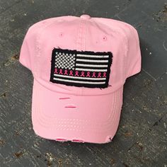 American Flag Breast Cancer Ribbon Line Patch Pink Embroidered Ball Cap Vintage Hat, Ball Cap, Hats Vintage, Back Strap, One Size Fits All, American Flag, Baseball Cap, Baseball Hats, Flag