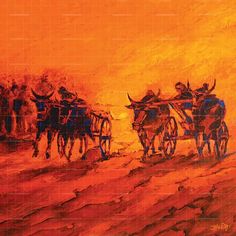 an oil painting of two horses pulling a wagon with people on it in the desert