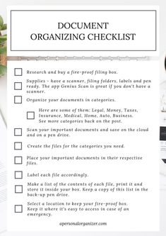 a printable document with the words document organizing checklist on it next to a cup of coffee