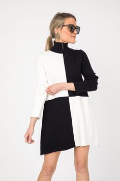 Amber Colorblock Sweater, Black/White - New Arrivals - The Blue Door Boutique Color Block Sweater Dress, White Color Block Long Sleeve Sweater, Black And White Colorblock Dress, Black Color Block Mini Dress, Colorblock Knit Dress, Easy Stretches, Blue Door, Color Block Sweater, Ribbed Neckline