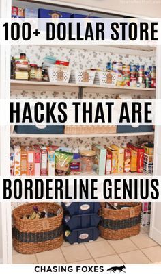 two shelves with baskets and other items on them in a room that has the words, 100 dollar store hacks that are borderline genius