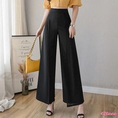 Qteee - Elegant Chiffon Split High Waist Wide Leg Palazzo Pants Summer Office Stretch Bottoms, Stretch Summer Office Bottoms, Summer Office Wear Full Length Wide Leg Pants, Casual Full Length Dress Pants For Party, Wide-leg Pants For Office In Summer, Summer Office Wide-leg Pants, Casual Wide Leg Pants For Party, Casual Dress Pants For Party, Casual Ankle-length Wide Leg Pants For Party