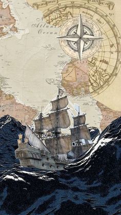 a drawing of a ship in the ocean with a compass on it's side