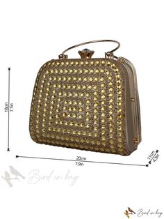 Bird in Bag - Elegant Rhinestone-Decorated Evening Clutch Bag with Detachable Purse Elegant Evening Bags With Rhinestone Rivets, Elegant Party Bags With Rhinestone Rivets, Evening Rectangular Bags With Rhinestone Rivets, Gold Handheld Bags With Rhinestones, Glamorous Square Bag With Rhinestones, Rectangular Party Bag With Rhinestone Rivets, Gold Crystal Embellished Clutch Shoulder Bag, Gold Square Clutch With Detachable Handle, Square Embellished Shoulder Bag For Party