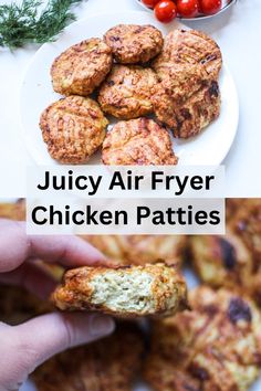 juicy air fryer chicken patties on a plate with cherry tomatoes in the background