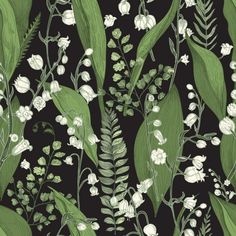 seamless floral pattern with lily of the valley flowers and green leaves on black background