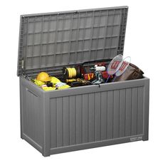 a large gray storage box filled with assorted items on top of a white background