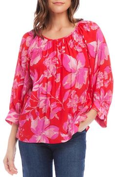 Full balloon sleeves enhance the playful movement and swing of this top cut from a flower-strewn Italian fabric with a light and airy feel. 24 1/2" length (size Medium) Scoop neck Three-quarter sleeves 100% viscose Dry clean Made in the USA of imported fabric Summer Flowy Top With Gathered Sleeves, Summer Tops With Gathered Sleeves, Flowy Fit, Summer Tops With Gathered Sleeves And Flowy Fit, Spring Flowy Blouse With Gathered Sleeves, Billowy Balloon Sleeve Blouse With Floral Print, Spring Blouse With Blouson Sleeves And Relaxed Fit, Spring Billowy Tops With Gathered Sleeves, Spring Tops With Gathered Sleeves And Relaxed Fit, Billowy Casual Spring Top