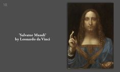 a painting of jesus holding a cross in his right hand and the words salvador mundi by leonardo da vinci above it