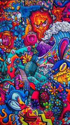 a colorful painting with lots of different things on it