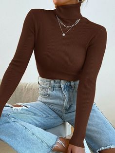 Café integral Casual Collar manga larga Tela Liso Tops básicos Embellished Elástico Alto Primavera/Otoño Brown Turtleneck Outfit, Turtleneck Outfit, Coffee Sweater, Pullover Outfit, Sweater Collection, High Neck Long Sleeve, Ribbed Knit Sweater, Knit Jumper, Outfits Casuales