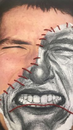 a drawing of a man's face with his mouth open and teeth ripped off