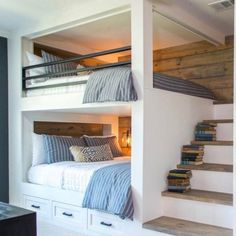 a bedroom with bunk beds and stairs leading up to the top bed in the room