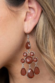 A dewy collection of glassy round and teardrop Fired Brick gems delicately connect into an elegant chandelier. Earring attaches to a standard fishhook fitting. Mobile Boutique, Brown Earrings, Elegant Chandeliers, Brown Box, Green Gems, Paparazzi Accessories, Green Earrings, Paparazzi Jewelry, Love Is Free